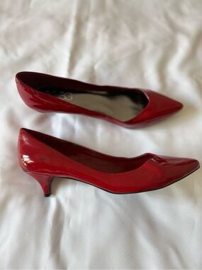 BCBG Red Patent Pointed-Toe Kitten Heel Pumps